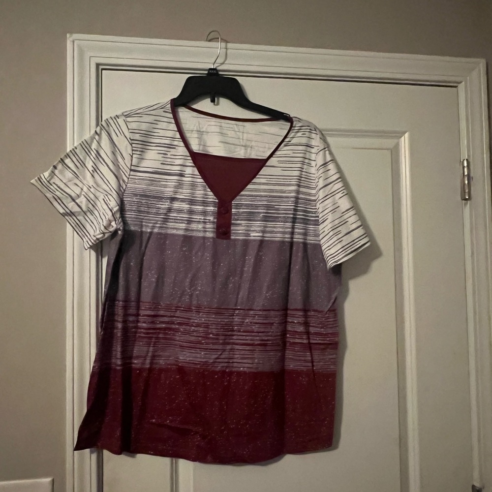 Striped V-Neck Women's Top - Maroon and White